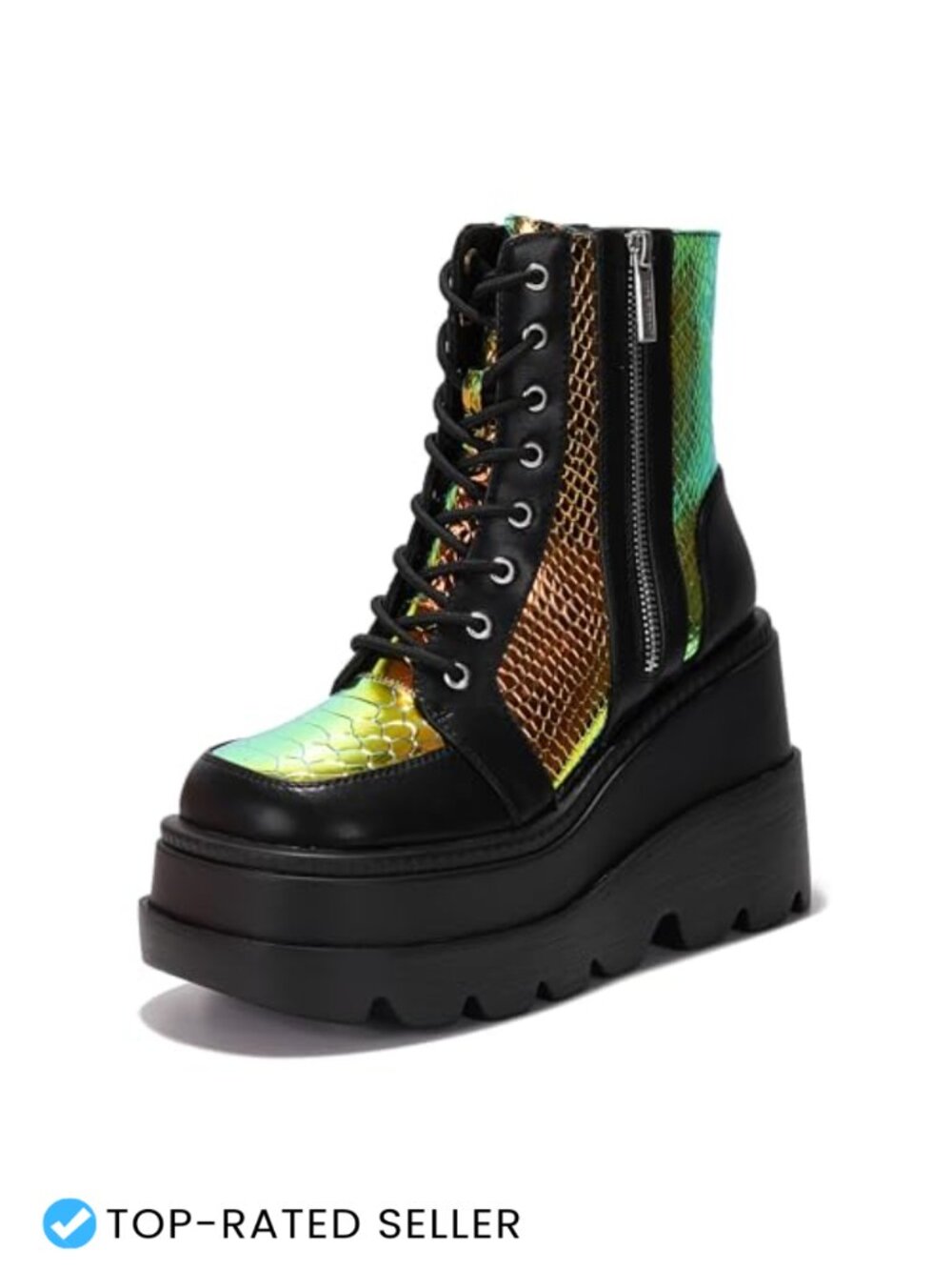 Holographic Snakeskin Platform Ankle Boots Chunky Block Heel Lace Up Zip